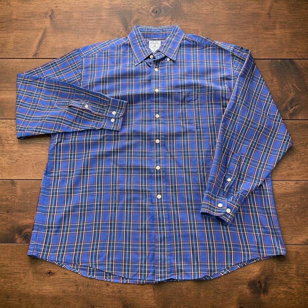 Brooks Brothers Mens Blue Plaid Cotton Sport Shirt Long Sleeve Large